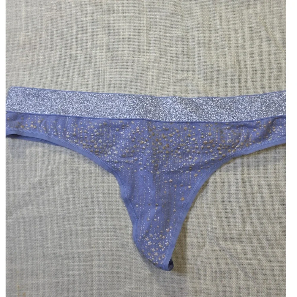 Victoria's Secret Blue Metallic Gold Star Thong Panty Glitter Waistband XL